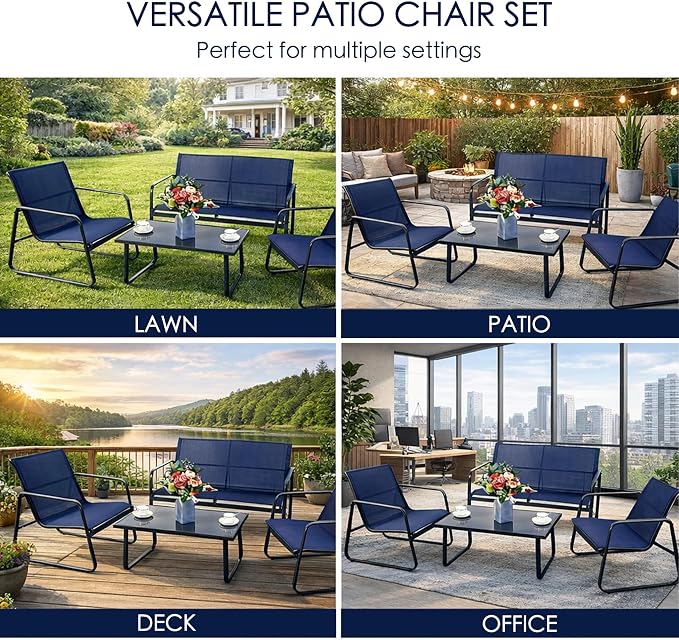 Kozyard Sofia 4-Piece Patio Conversation Set, Outdoor Furniture Set with Loveseat, 2 Chairs & Table, Breathable Textilene Seating, Powder-Coated Metal Frame, All-Weather for Balcony Backyard Navy Blue