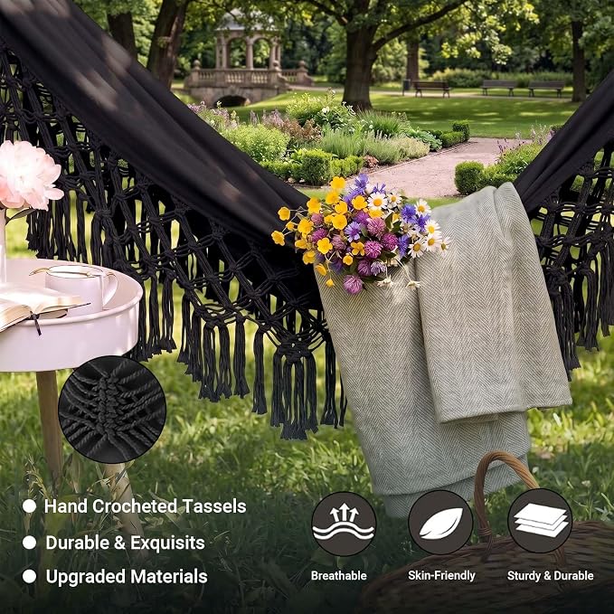 Bohemian Black Double Canvas Hammock, Hand-Woven Tassel Boho Outdoor Hammock for Patio Balcony Garden, 2-Person Wedding Decoration, Supports 550 lbs