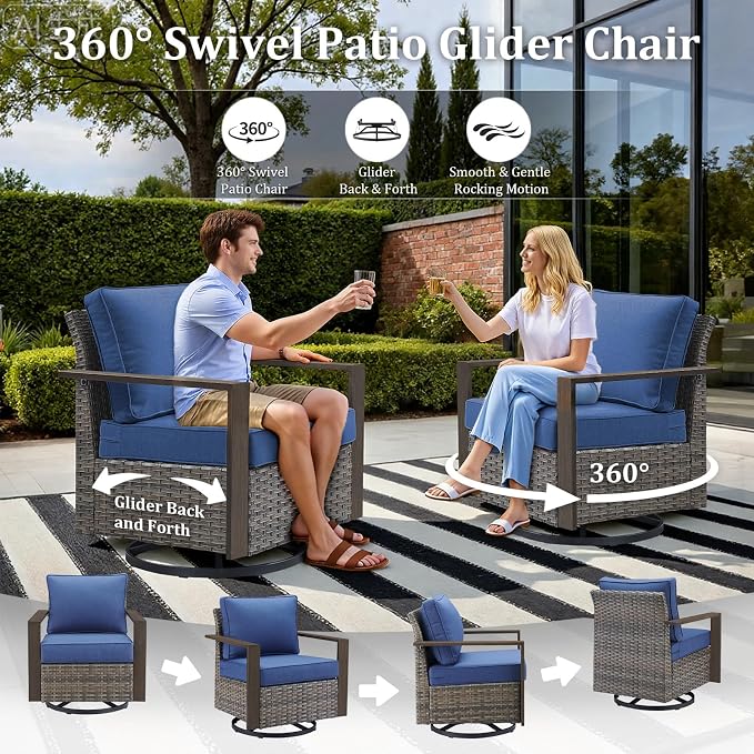 High Back Patio Furniture Set with Fire Pit Table, 4-Pieces Outdoor Furniture with Metal Arm Swivel Chairs, Wicker Conversation Set for Porch, Balcony, Deck and Yard, Grey/Blue