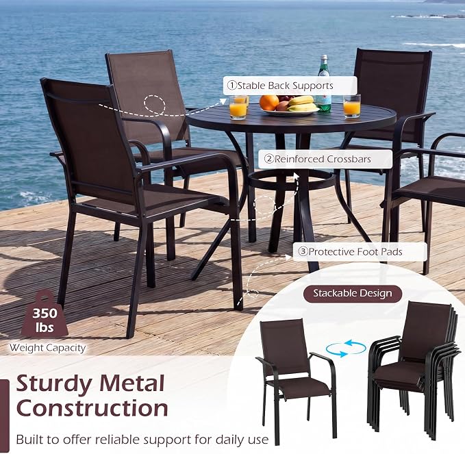 Tangkula 5 Pieces Patio Dining Set for 4, Outdoor Square Table and Stackable Chairs with Umbrella Hole, Outside Furniture Set for Backyard, Garden and Deck (37",Brown)