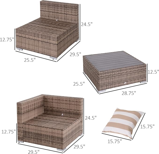 Outsunny 7 Piece Patio Furniture Set, Wicker Outdoor Sectional Sofa Set, All Weather PE Rattan Outdoor Furniture Conversation Sets with Cushions, Faux Wood Coffee Table, Striped Pillows, Gray