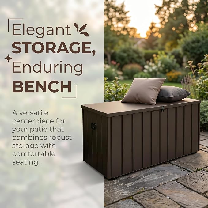 200 Gallon Outdoor Metal Storage Deck Box, Rolling Lockable Utility Bin, Waterproof UV Protected Large Storage Chest for Patio Garden Backyard Yard,Brown