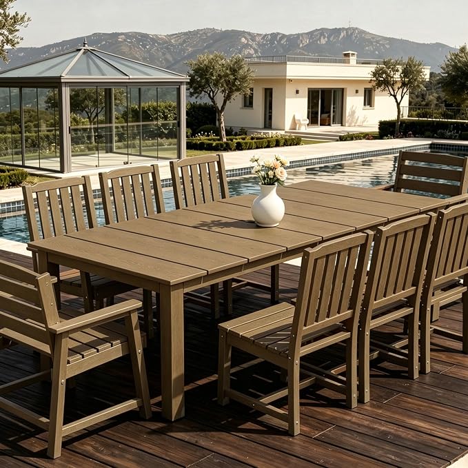 AreShark 9-Piece Outdoor Dining Set,HDPE Patio Table with 8 Chairs,All-Weather Patio Furniture Set with Umbrella Hole,Low Maintenance Wood Grain Dining Set for Backyard,Garden,Poolside,Brown