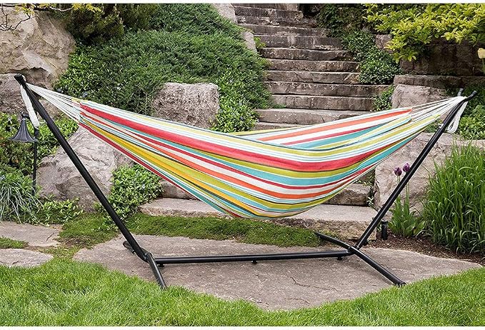 Vivere Double Polyester Easy Assemble Outdoor Hammock with Steel Stand, Ciao