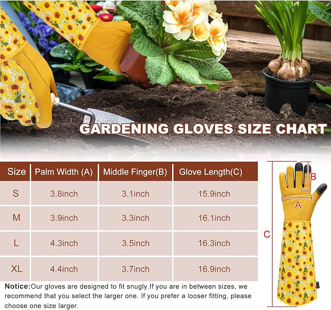 DLY Garden Gloves for Women,Gardening Gloves,Garden Gift for Lady,Yellow,M | Thornproof Cowhide Palm, Foam-Padded Grip, Long Yellow Sunflower Print Cuff, 3-Finger Touchscreen, Pruning,Weeding Yard Work