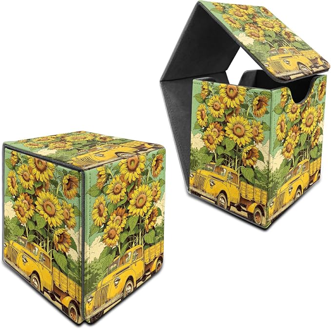 Sunflower Truck Card Deck Box for MTG, Personalized Card Storage Case Fits 120+ Sleeved Cards, Premium Leather TCG Box with Strong Magnetic Closure for Magic, CCG, PTCG, Baseball Cards