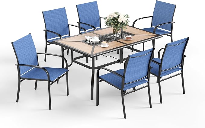 SUNSHINE VALLEY 7 Pcs Patio Dining Set for 6, Metal Rectangular Dining Table (PVC Table Top) with Umbrella Hole and 6 Chairs, Outdoor Dining Set for Lawn Garden Deck, Blue