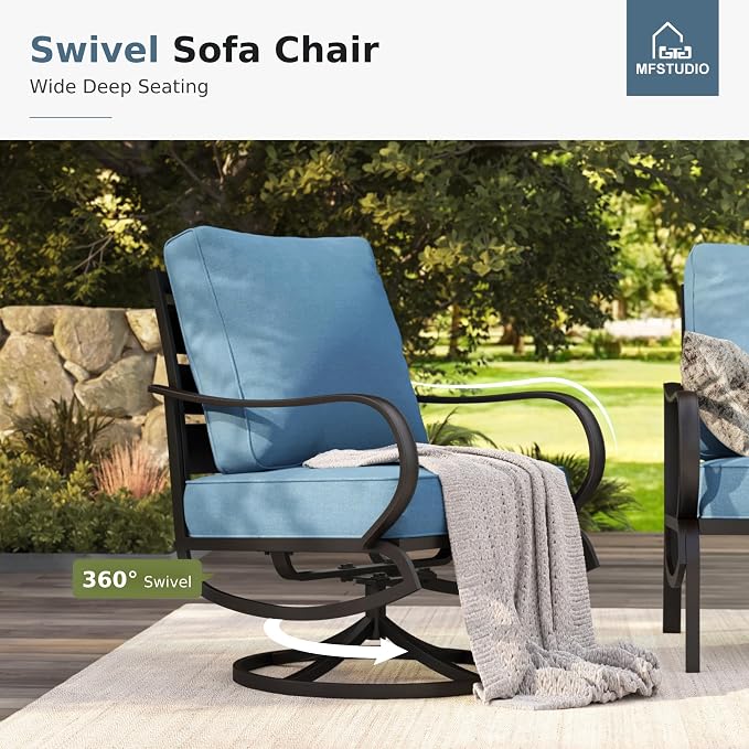 MFSTUDIO 6 Pieces Metal Patio Furniture Sets, 2 Swivel Chairs, 3-Seat Loveseat Sofa, 2 Patio Chairs & 1 Marbling Coffee Table, All Weather 7 Seats Outdoor Conversation Set for Garden Backyard, Navy