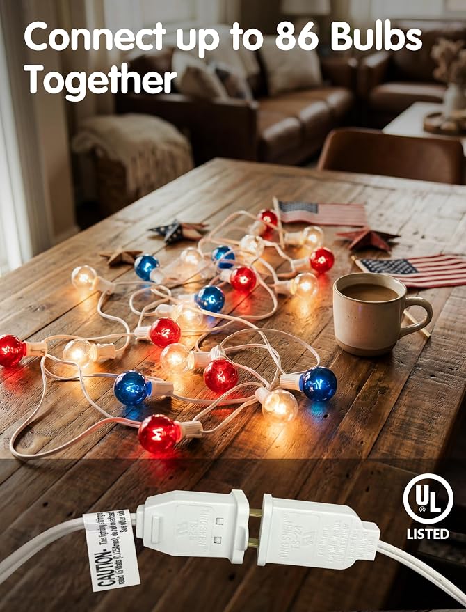 SUNSGNE 4th of July Decorations Outdoor Connectable String Lights with Waterproof Red White and Blue G40 Bulbs, 25 Feet for Garden Patio Patriotic Independence Day Theme Holiday Decor