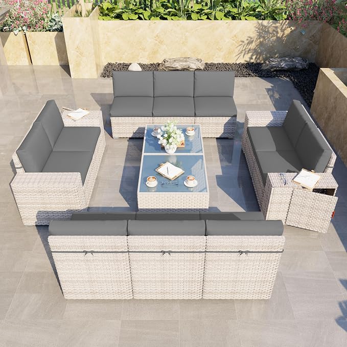 12-Piece Patio Furniture Set, Outdoor Extra Wide Armrest Modular Patio Sofa, Dual-Strand Rattan Wicker, Rust-Resistant Frame, Backyard High Back, Large Seat Furniture for Porch Garden Balcony, Grey