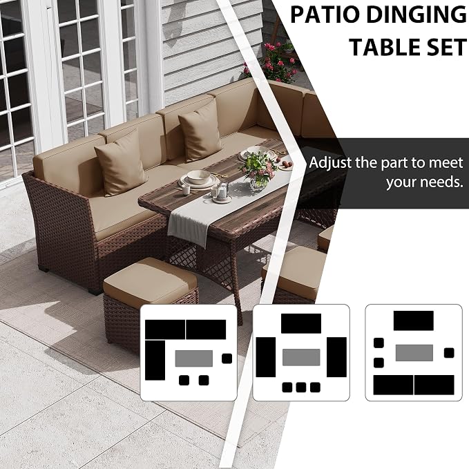 KIGOTY 7 Piece Patio Furniture Set, Outdoor PE Wicker Rattan Outdoor Dining Set, Patio Table and Chairs Set, Patio Conversation Sofa Set with Dining Table and Ottoman(Brown-Camel)