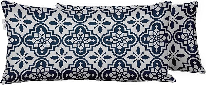 Indoor/Outdoor Polyester Fabric Lumbar Pillow Cover, All-Weather Waterproof Rectangular Cushion Case for Patio Furniture, 12 x 18 Set of 2 - Moroccan-19