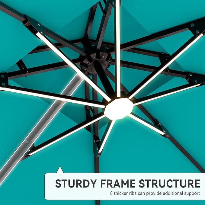 10' X 13' Cantilever Patio Umbrella with Base Included and Led Lights Double Top Rectangular Outdoor Large Offset Umbrellas with 7 Tilts Adjustable 360°Rotation for Deck Pool Garden, Turquoise