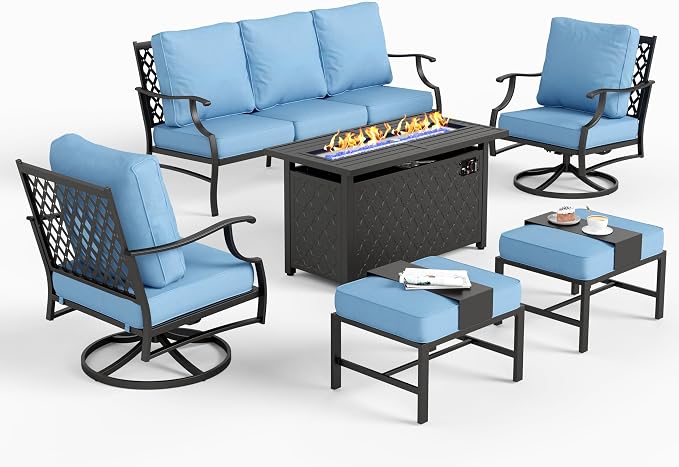 SUNSHINE VALLEY 6 Piece Metal Outdoor Patio Furniture Set with Firepit Table, Patio Conversation Set 1 3-seater Sofa, 2 Swivel Chair, 2 Ottoman with 5.75" Thick Cushion, Black Backyard Furniture, Blue