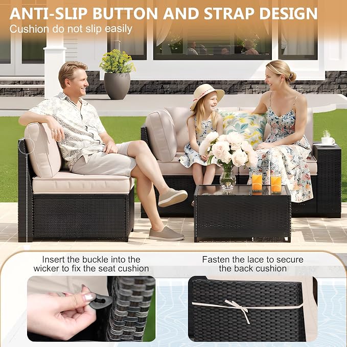 JOYURE 7 Pieces Patio Furniture Set, Outdoor Sofa with Waterproof Cushions&Ottoman, Rattan L Shaped Patio Couch & Coffee Table, Modern Outdoor Furniture for Backyard, Deck, Balcony – Beige