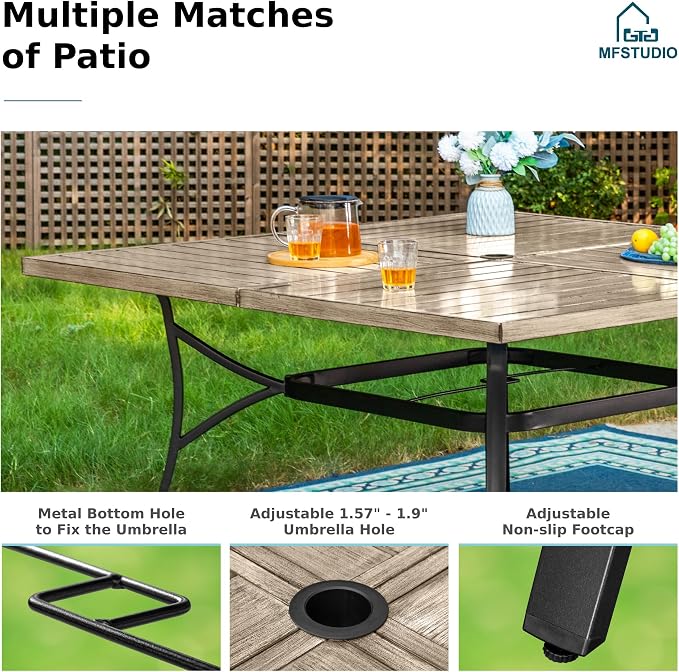MFSTUDIO Patio Dining Set for 8, Metal Patio Table and Chairs Set, Outdoor Dining Set with Umbrella Hole, 9 Piece Outdoor Patio Furniture Set for Deck Backyard Poolside Garden