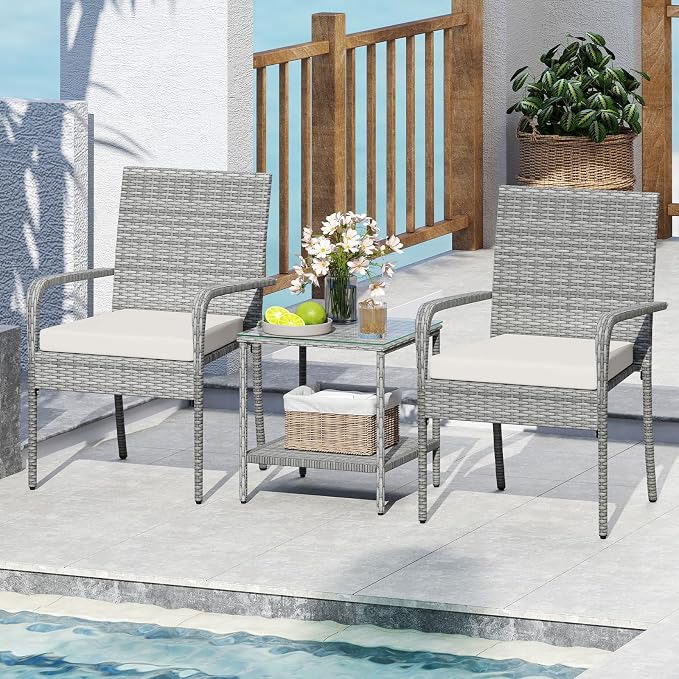 Tangkula 3 Pieces Patio Furniture Set, PE Rattan Outdoor Cushioned Conversation Chairs with 2-Tier Tempered Glass Tabletop Table, for Balcony, Garden and Poolside