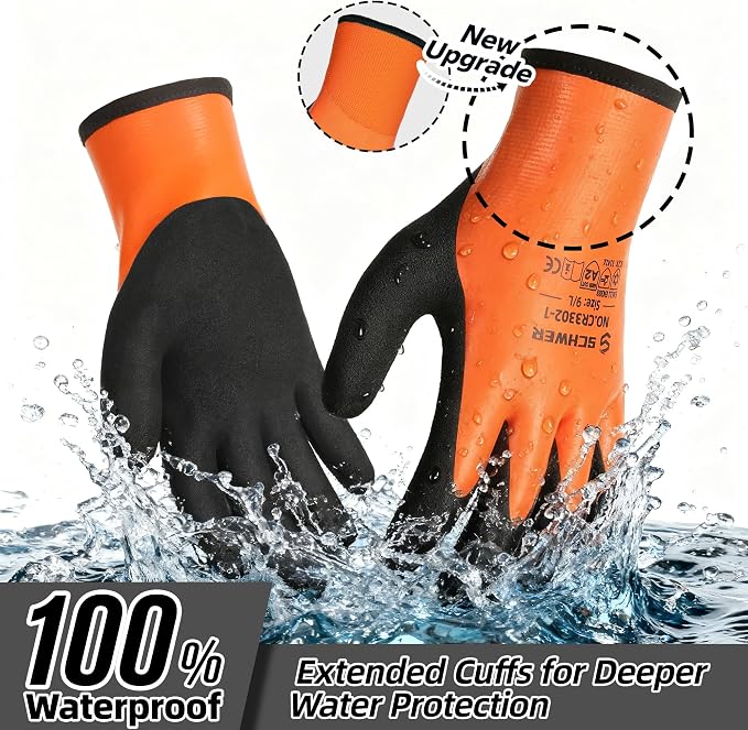 Schwer 100% Waterproof Winter Work Gloves Latex Coated, CR3302-1, XXL | ANSI A2 Cut Resistant, Enhanced Warmth & Durability, for Shoveling Snow, Ice Fishing, Outdoor Cold Weather Keep Hands Warm