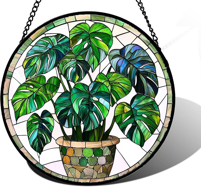 DASTOLL Stained Glass Window Hanging, Green Plant Monstera t Suncatcher Diamond Colorful Glass Panel Sun Catchers Decor for Birthday for Women, Men, Wife, Aunt, and Mom 6.3 in