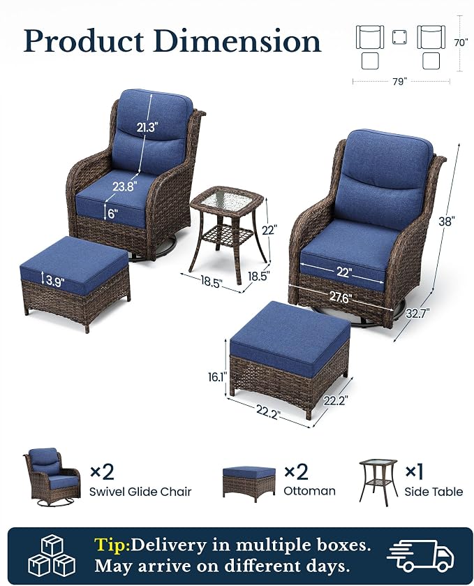 HILLGA Luxury 5PCS Outdoor Swivel Rocker Patio Chairs of 2 with 6 Inch Thick Cushions and Side Table, All Weather Outdoor Chairs High Back Wicker Patio Furniture Set for Porch and Deck, Blue