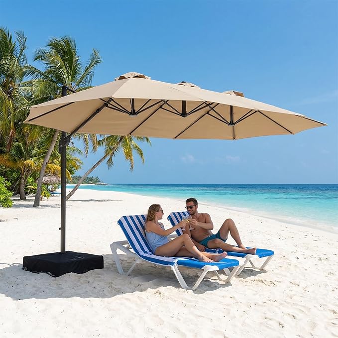 COSIEST 8 * 13FT Cantilever Patio Umbrella with Base,Large Rectangle Offset Umbrella，Heavy Duty Double-Sided Table Market Umbrella for Garden, Pool, Deck Shade, Khaki
