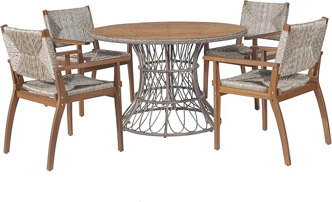 Merax 5-Piece Outdoor Dining Set, 47.24'' Round Acacia Wood Table & 4 Wicker Armchairs, Patio Furniture Set for Garden Balcony Deck, Brown Finish