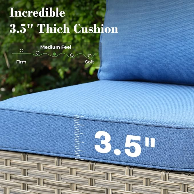 9 Pcs Patio Furniture with Fire Pit Table, Outdoor Rattan Wicker Conversation Set with Glowing Coffee Table, Comfy Sectional Sofa for Porch Balcony Backyard Pool, Light Blue