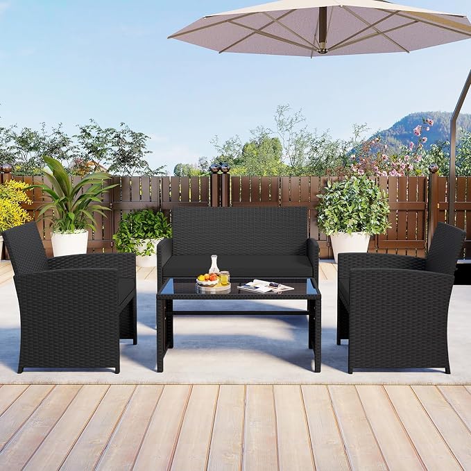 HAPPYGRILL 4 Piece Rattan Wicker Patio Conversation Set, Outdoor Furniture with Chair Loveseat Table & Cushion, for Backyard Porch Balcony (2, Black & Black)