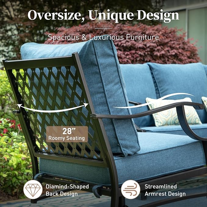 SUNSHINE VALLEY 5 Piece Metal Outdoor Patio Furniture Set with Fire Pit Table, Patio Conversation Sets 4 Swivel Chairs with 5.75" Thick Cushion and 5000 BTU Fire Pit Table, Backyard Furniture, Navy