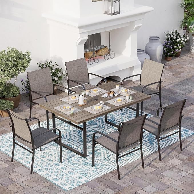 SUNSHINE VALLEY 7 Piece Patio Dining Set for 6, 64” Rectangular Wood-Like Metal Table with Umbrella Hole and 6 Chairs, Outdoor Table and Chairs Set for Lawn Backyard and Deck, Brown