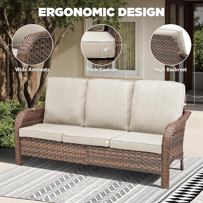 6 PCS Patio Furniture Set, Outdoor Wicker Sofa & 2 Swivel Rocking Chairs with 2 Ottomans & Side Table, 4-Inch Thick Olefin Cushions, 300 lbs Capacity Rattan Conversation Set for Porch, Beige