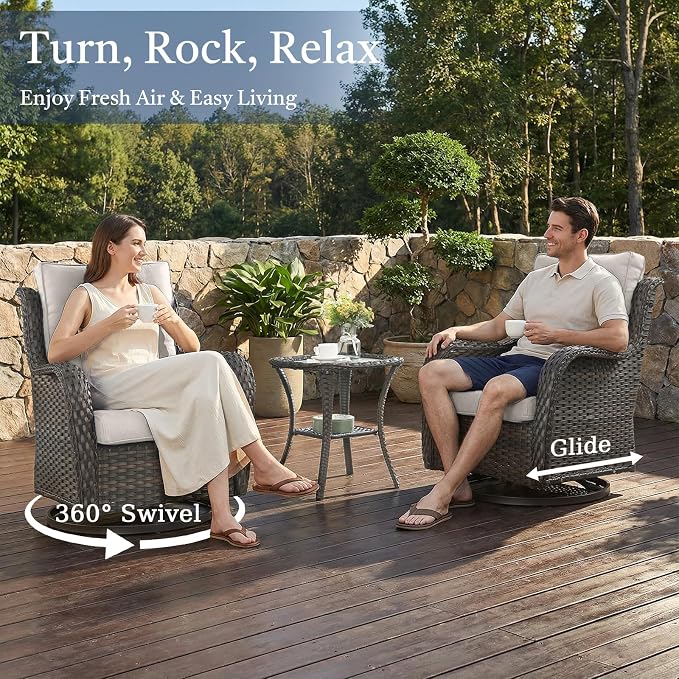 6 Piece Patio Furniture Set with Ottoman - All Weather Patio Conversation Set with 4 Inch Thick Cushions and Deep Seating Swivel Glider Chairs & Outdoor Couch for Porch Deck Yard Pool
