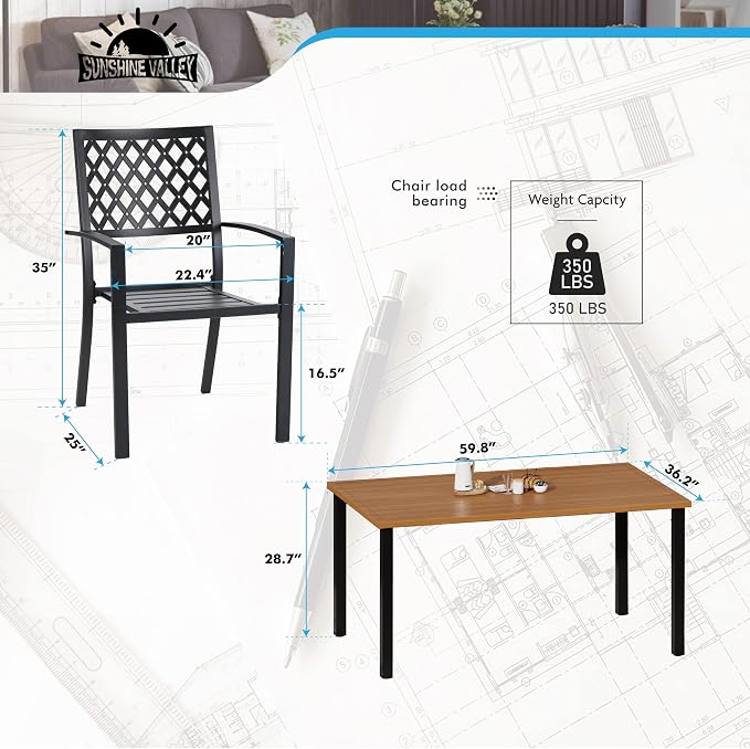 SUNSHINE VALLEY Patio Dining Set,Wood-Like Metal Table w/Umbrella Hole | 60x36 Metal Table&6 Pcs Rust-Proof Stackable Chairs, Outdoor Table and Chairs Set for Backyard Garden Deck