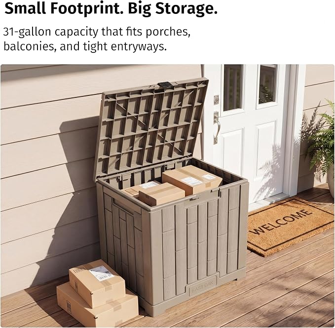 EAST OAK Outdoor Storage Box, 31 Gallon Deck Box, Waterproof Resin Storage Bin for Patio Cushions, Gardening Tools, Accessories, Lockable, UV Resistant, Brown