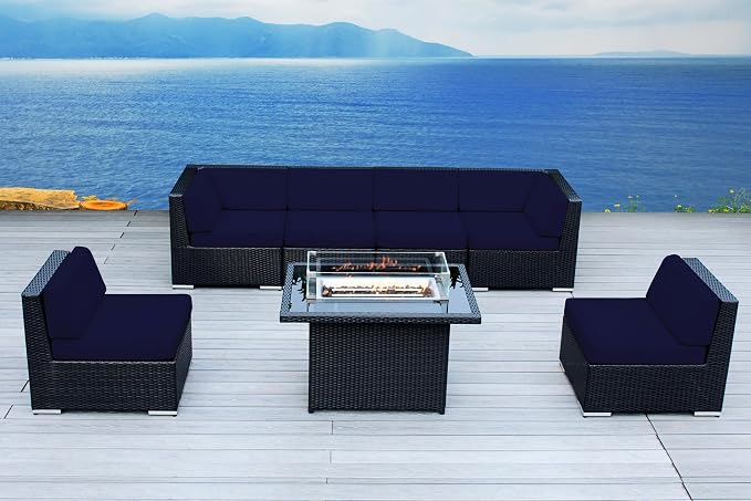 Fully Assembled Ohana 7 Piece Aluminum Wicker Patio Furniture Sunbrella Navy Cushion Oversize Conversation Set with 42-inch Propane Gas Fire Table