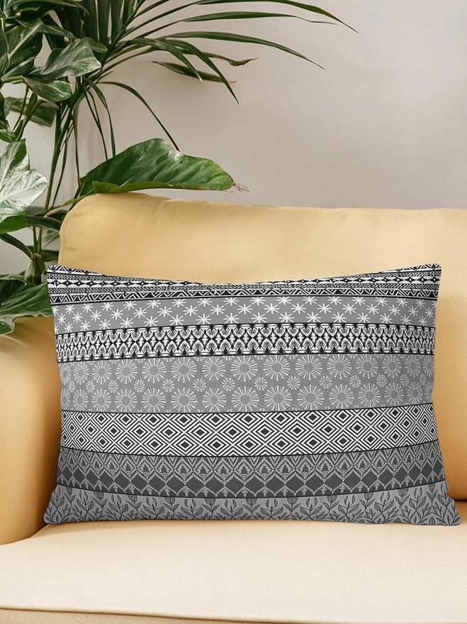Waterproof Outdoor Pillow 1 Pack Grey Bohemian Decorative Throw Pillows Cover & Insert 20x12 Inch Lumbar Pillowcase Boho Style Floral Leaves Geometric Pillows for Couch Sofa Bed Patio Furniture