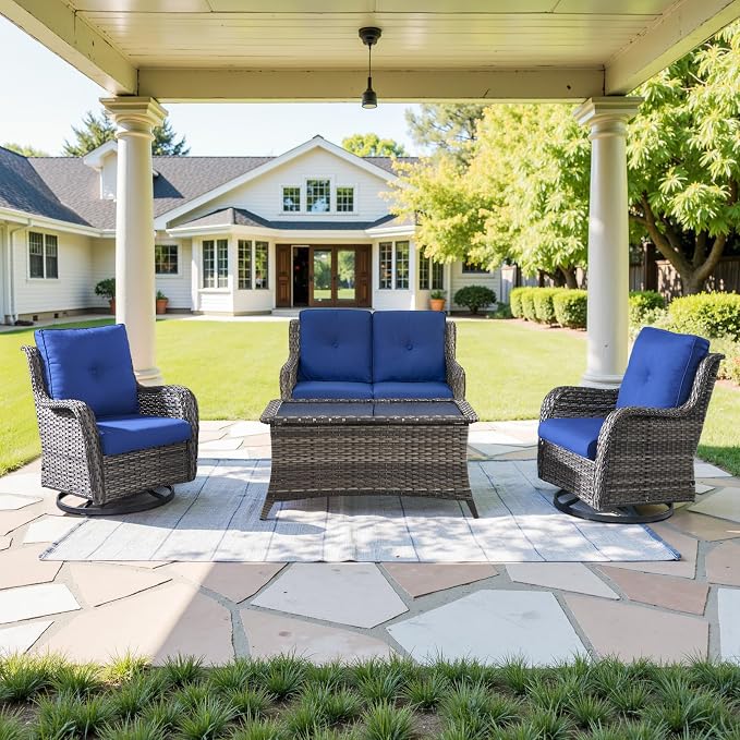 Belord 4 Piece Patio Wicker Furniture Set, Outdoor Swivel Rocker Chairs, All Weather Outdoor Patio Loveseat with Cushion and Coffee Table for Deck Porch, Gray Wicker/Blue