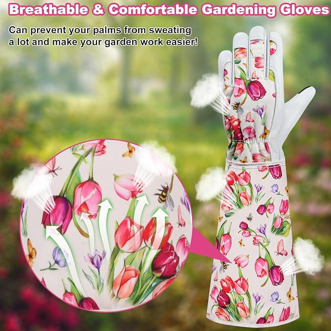 DLY Garden Gloves for Women,Gardening Gloves,Garden Gift for Lady,White,XL | Thornproof Cowhide Palm, Foam-Padded Grip, Long Tulip Print Cuff, 3-Finger Touchscreen, Rose Pruning, Gardening & Yard Work