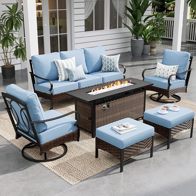 Sophia & William Patio Furniture Set with 56" Fire Pit Table, Metal Outdoor Conversation Set Patio Sectional with 3-Seater Sofas, 2 Swivel Chairs, 2 Ottomans, 1 Firepit Table for Porch Deck, Blue
