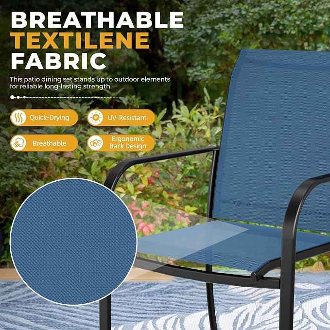 5-Piece Patio Dining Set with Umbrella,4 Person Outdoor Table and Chairs Set, 4 Metal Dining Chairs and Round Outdoor Table with 1.57" Umbrella Hole,Blue