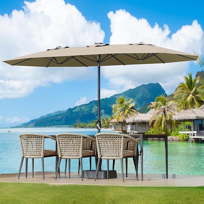 GarveeLife Large Patio Umbrella with Base Included, Double-Sided Rectangle Market Umbrella with Cross Base and Sandbag for Pool Lawn Garden (Beige, 15 ft)
