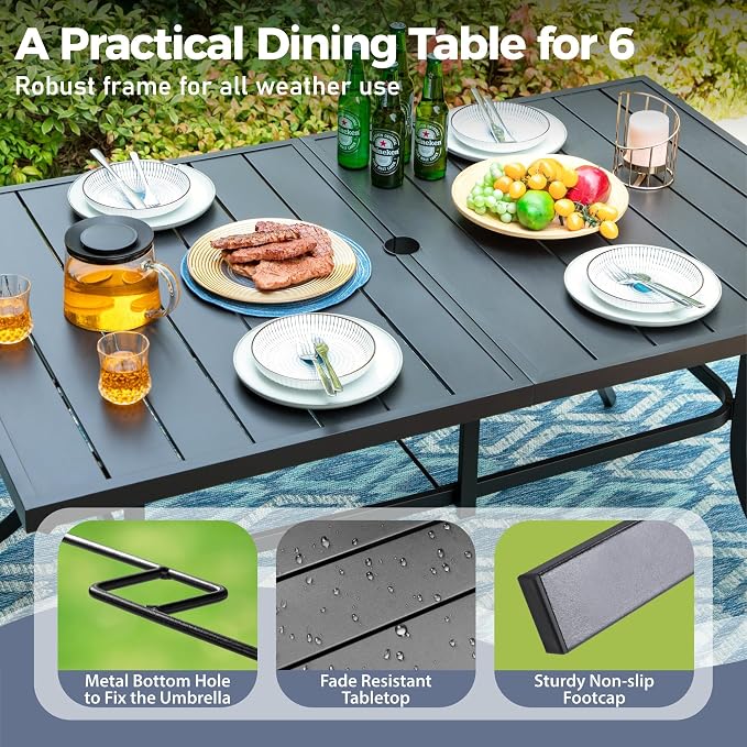 SUNSHINE VALLEY 7 PCS Patio Dining Set for 6, Rectangular Metal Table with Umbrella Hole, 6 x Brown Dining Chairs, Outdoor Table and Chairs Set for Lawn Backyard and Deck