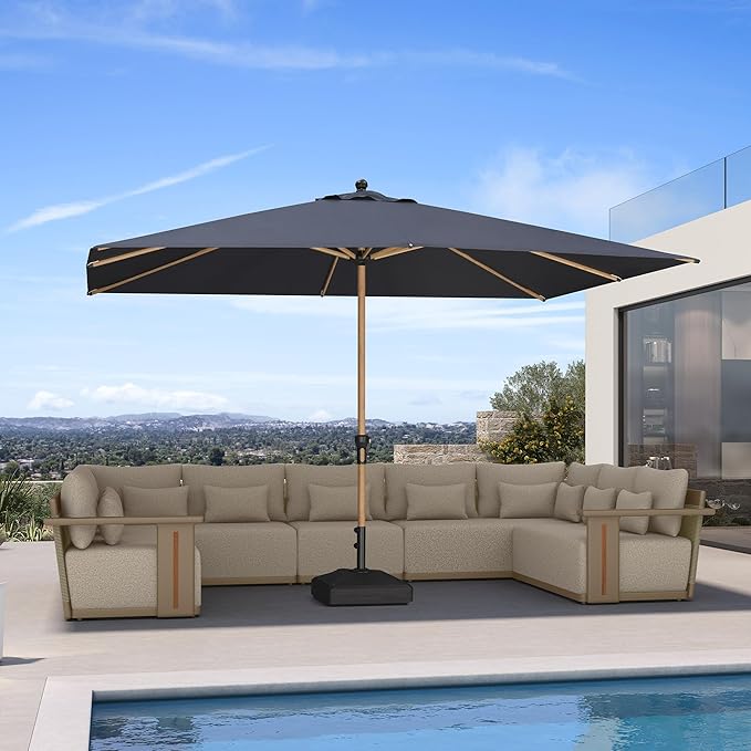 PURPLE LEAF 8' x 11.5' Patio Umbrella with Base Outdoor Umbrella Market Umbrella with Crank & 8 Ribs Aluminum Rectangular Table Umbrella Outdoor Patio for Backyard, Navy Blue