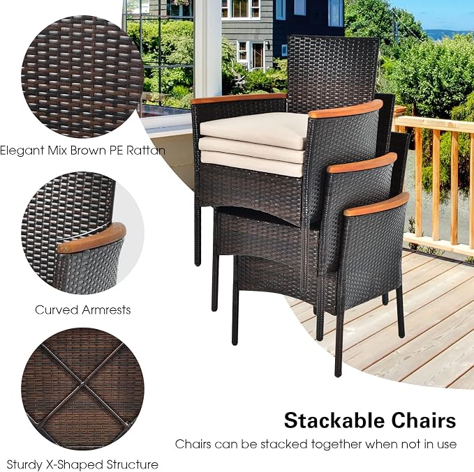 7 Pieces Patio Dining Set Outdoor Dining Set with Umbrella Hole, Wicker Patio Furniture Set with Acacia Wood Table and Chairs, Garden Dining Table Set for Backyard, Desk, Poolside (Brown)