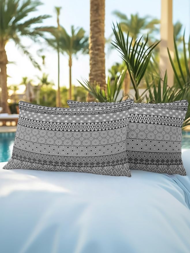 Waterproof Outdoor Pillow Set of 2 Grey Bohemian Decorative Throw Pillows Cover & Insert 20x12 Inch Lumbar Pillowcase Boho Style Floral Leaves Geometric Pillows for Couch Sofa Bed Patio Furniture