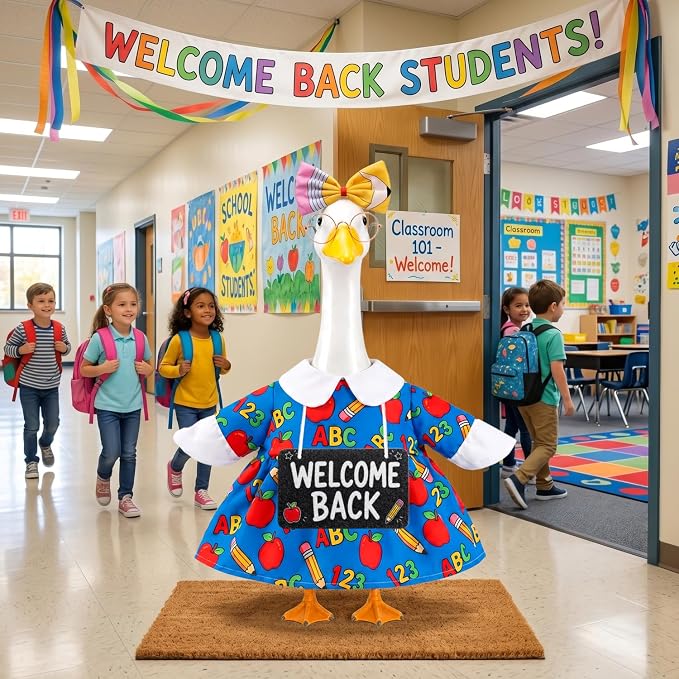 Porch Goose Back to School Outfit for 23 Inch Goose Statue, Teacher Style Classroom Goose Clothes with Pencil Bow, Round Glasses and Welcome Back Sign, Classroom Door Decor for Teachers