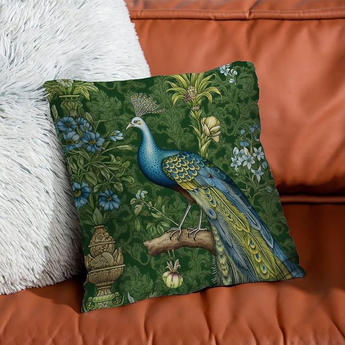Cushion Cases Aqua and Green Chinoiserie Pillow Covers Rustic Green Peacock Animal Asian Pillow Cover Accent Outdoor Garden Decoration for Bedroom Sofa Bench Porch 24x24 in