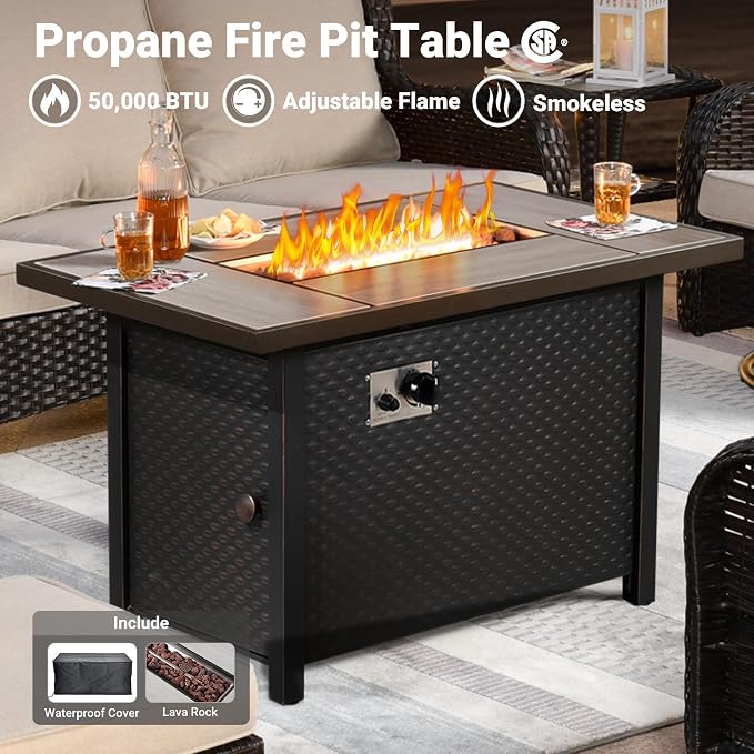 ovios 6-Pieces Patio Furniture Set with 42" Fire Pit Table, Outdoor Wicker Sofa Couch Ottomans Comfy Cushions, High Back Modern Conversation Set, Brown Rattan, Beige