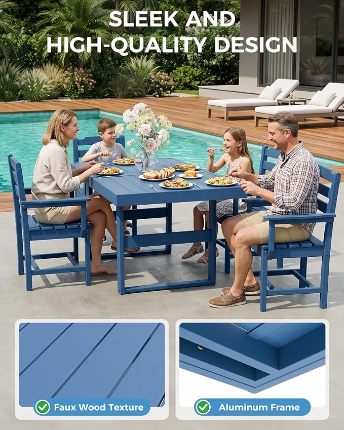 K Knowbody 5-Piece Outdoor Patio Dining Table and Chairs Set, Seats 4 | Steel-Reinforced HDPE, 100 lb/sq ft Load Capacity, 2-Inch Umbrella-Ready Tables, All-Weather, Fade-Resistant, Navy Blue