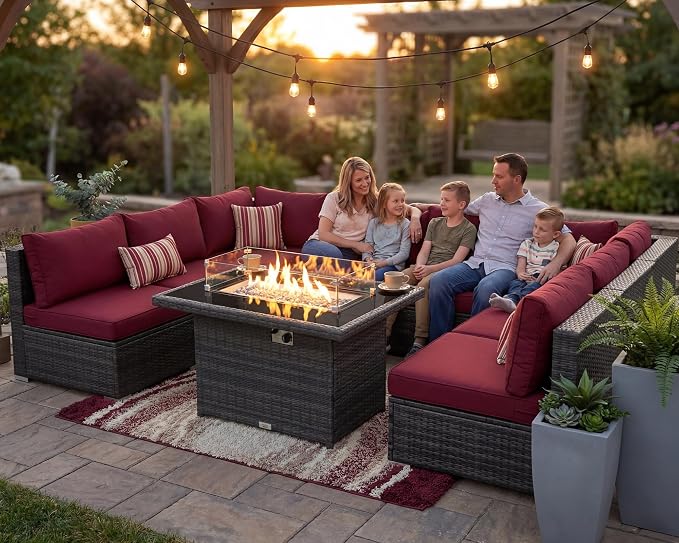 RADIATA 9 Piece Wicker Patio Furniture Set with Fire Pit, All-Weather Outdoor Sectional Couch High Back Large Size, Modular Backyard Seating Sofa Set with Propane/Natural Gas Firepit Table, Grey&Red
